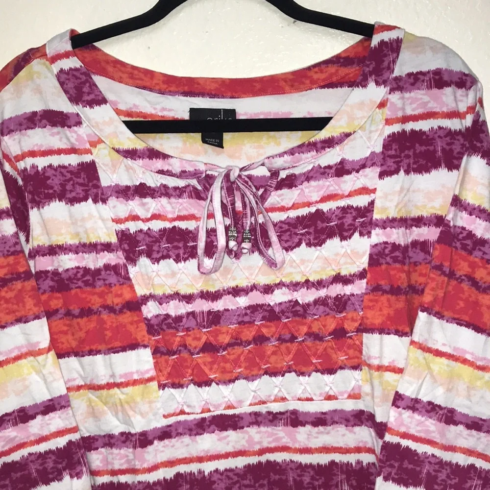 Erika 1X Women’s 3/4 Sleeve Scoop Tie Neck Pink Purple Red White Stripes
